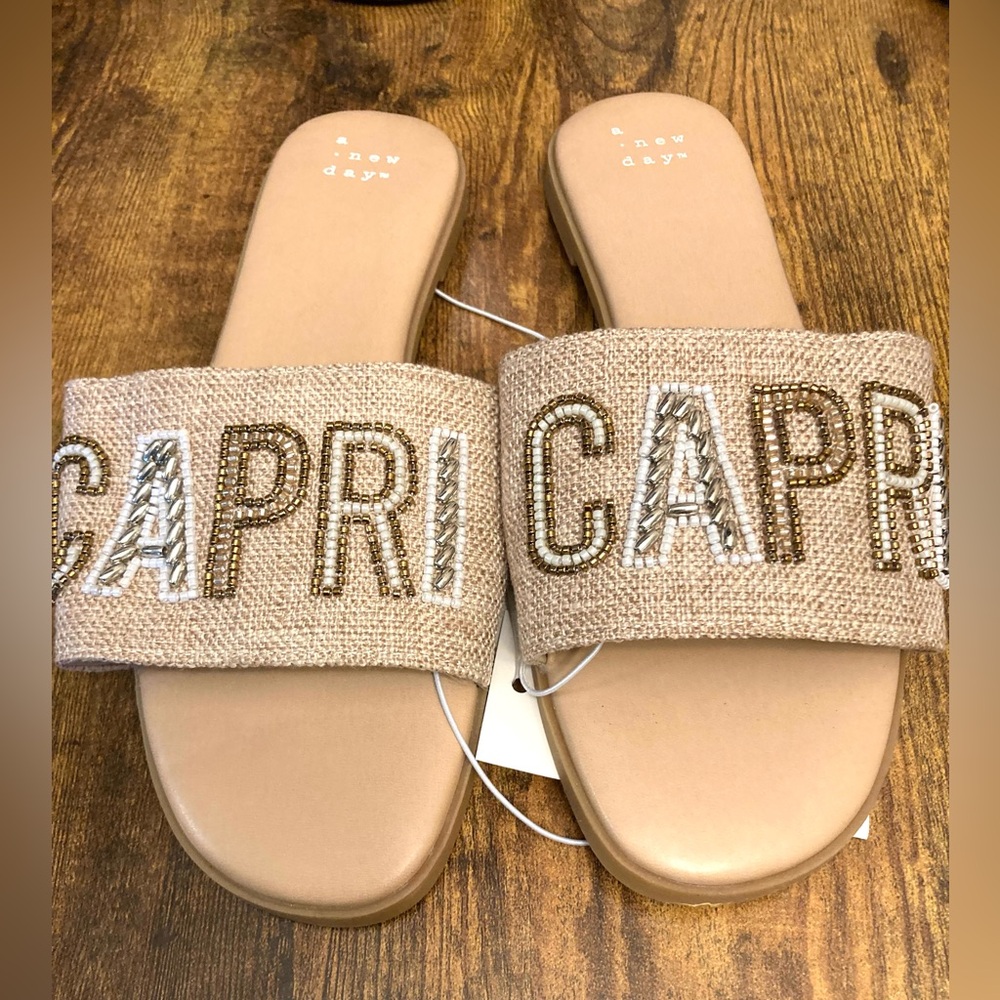 Women's Nehemia Beaded Canvas Slide Sandals - a New Day™ Tan Size 6.5 new - Picture 2 of 5